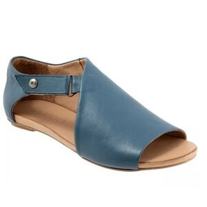 BUENO KALE Blue Leather Peep‎ Toe Slingback Flat Sandals Women EU 41 US 10 NEW
